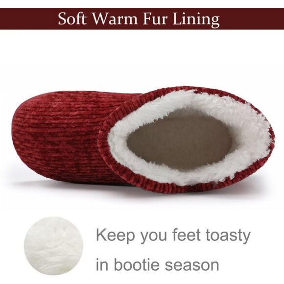 Women's Winter Warm Fluffy Fur Lined Plush Red Bootie Slippers Shoes - Picture 5 of 7